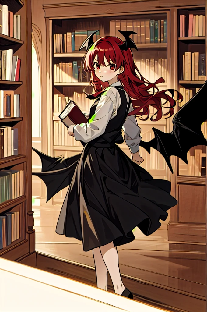 Koakuma, Alone, looking at viewer, Serious, holding book, bookshelf