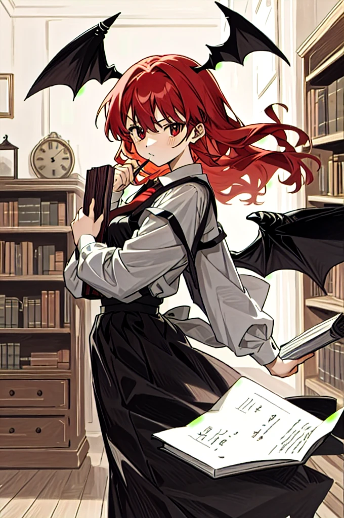 Koakuma, Alone, looking at viewer, Serious, holding book, bookshelf
 