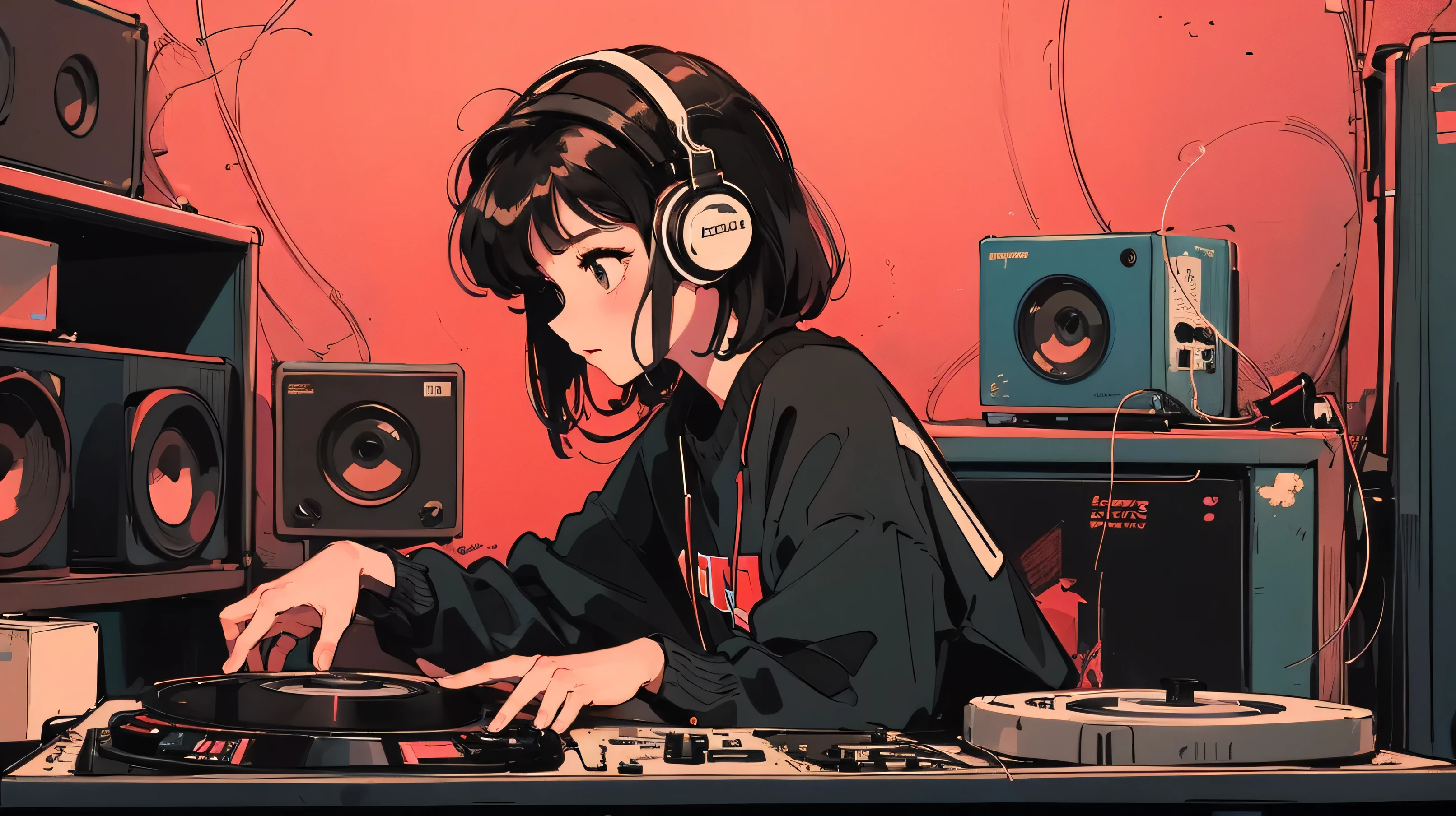 DJ girl in hip-hop fashion wearing a cool headset,Front view , Two large LED-illuminated speakers on each side, Immerse yourself in a neon-lit environment, In front of her is a music mixer and a turntable.、A record is placed on the turntable,ターンテーブルはTechnics SL-1200MK7,