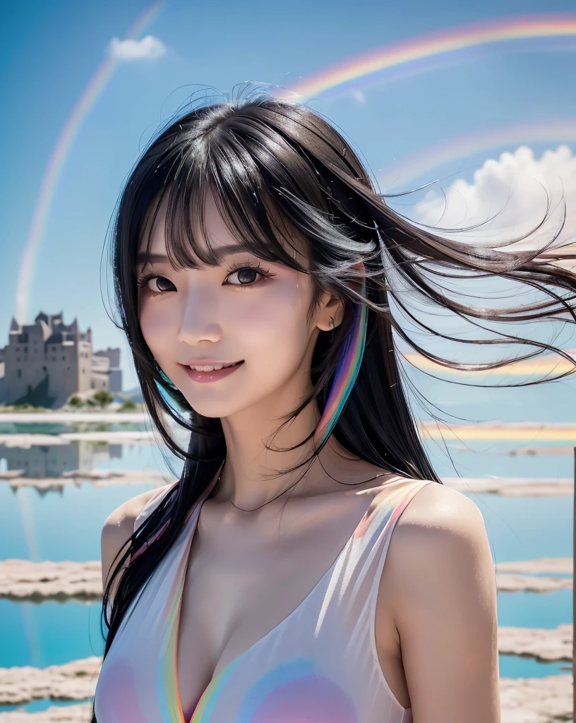 (Highest quality, 32k, High resolution, Masterpiece:1.5), marimo_jet, god々A photograph with brilliant dazzling and healing power., Evoking a sense of calm and elusive beauty, Expressing emotions, Have a rich imagination, Beautiful Japanese Girls, An exceptionally beautiful face, Small Face Beauty, , Perfect Human Anatomy, Magical big eyes, Motherhood and generosity, Deep Love, fleeting smile, ((Rainbow-colored black hair:1.3)), Super long hair swaying in the wind, Asymmetrical bangs, Hair between the eyes, Transparent, soft white skin, Sharp eyebrows, Thin lashes, ((Natural Makeup:1.3)), Red dress, High resolutionの完璧な鎖骨, High resolutionの美しい胸元, Slim figure with ample breasts, High resolutionの美しい太もも, ((An old castle appears hazy on the distant horizon:1.5)), ((Salar de Uyuni stretches to the horizon:1.3)), ((The water surface reflects the sky like a mirror:1.5)), Beautiful detailed blue sky, Professional photographer, Professional Lighting, Professional models, god秘的