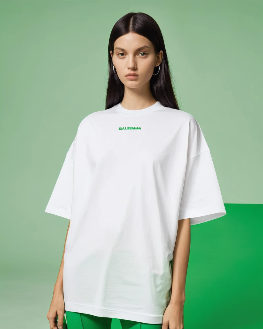 white oversize t-shirt no any patten on any logo,white oversize t-shirt , all green color background,balenciaga concept fashion photo, Paris