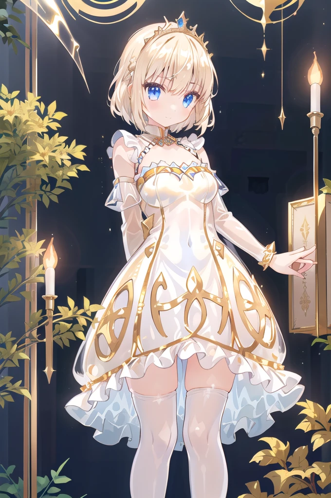 1girl,solo,(standard height),(cowboy shot),standing,(blonde hair:1.2),(short hair:1.2),(tiara:1.2),(blue eyes:1.2),(beautiful fingers:1.4),(perfect anatomy:1.4),(arms_behind_back:1.6),(cold_shoulder:1.2),BREAK,(gold leather lace glossy silk lamé leotard:1.6),(gold evening dress:1.4),(latex luster shiny glossy metallic:1.6),(shiny_clothes:1.6),(gold open skirt:1.4),(gold pencil mini skirt:1.4),medium breasts,beautiful breasts,(masterpiece),best quality,(Ultra high definition eyes:1.2),8k,(Beautiful detailed eyes:1.2),(Fine and beautiful eyes:1.2),(pretty eyes:1.2),finely detail,extremely CG, absurdres,high resolution,illustration,Detailed and beautiful outlines,finely detail,high resolution,(colorful refraction:1.4,Increase saturation:1.2),beautiful lighting,dynamic lighting,closed room,black background,simple background, smile,looking at viewer,animemia,gold glove,(white Clear PVC sheets sleeves:1.6),(sheer sleeves:1.6),(see-through sleeves:1.6),(wide sleeves:1.4),(gold thigh boost:1.4)