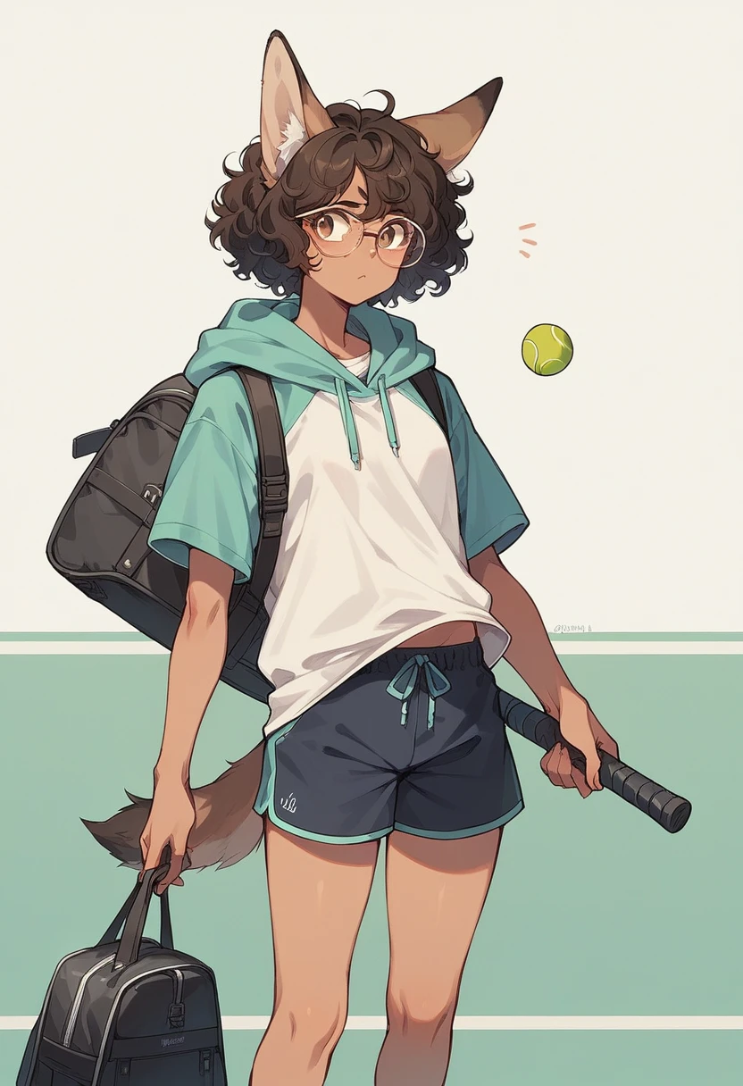 Kizi , brown curly hair, glasses, coyote ears and tail, hooded shirt, baggy shorts, tennis, duffel bag 