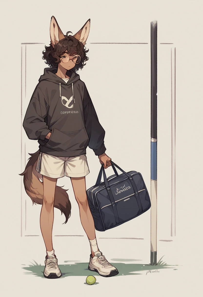 Kizi , brown curly hair, glasses, coyote ears and tail, hooded shirt, baggy shorts, tennis, duffel bag 