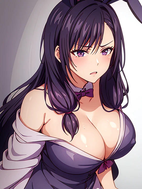 1 milf, purple and slightly black hair, wearing a bunny suit, cynical look, angry face, white background, sex scene