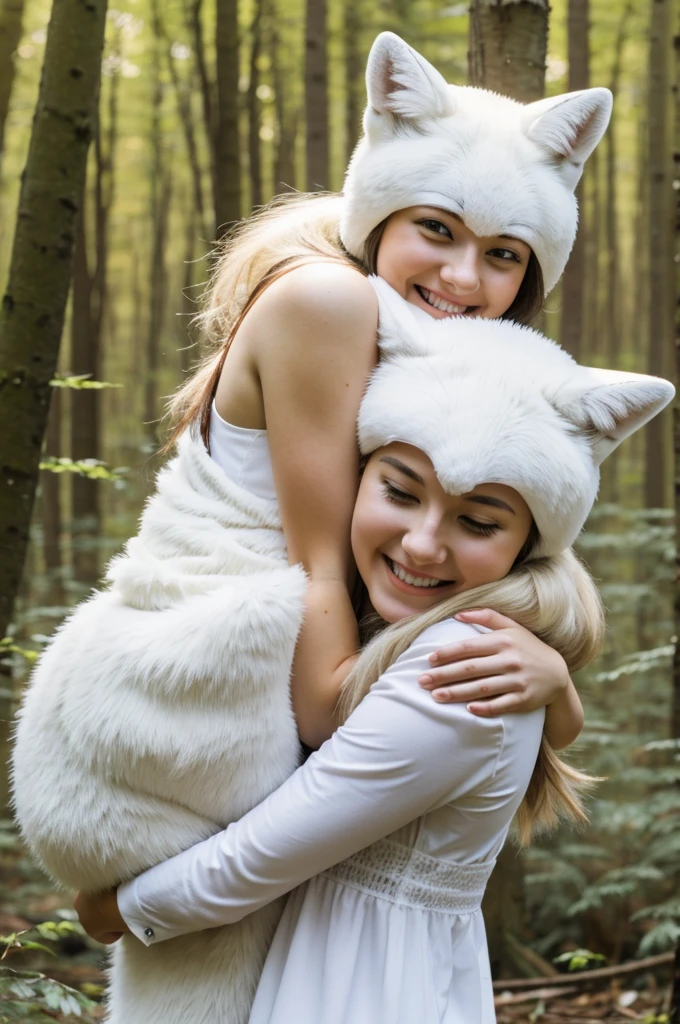 a young happy woman, in a spring forest, hugging a little white fox
