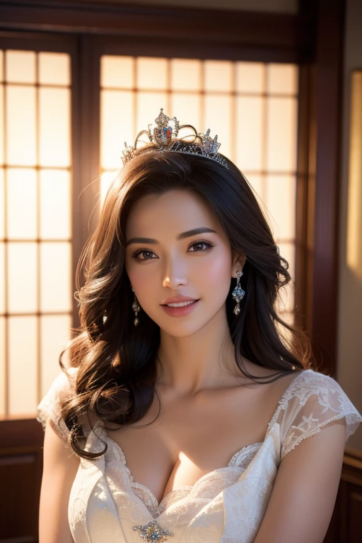 a gorgeous busty woman, royal bride, tiara, the queen, beautiful detailed smile, beautiful detailed teeth, POV, lover, cinematic dramatic lighting, (best quality,4k,8k,highres,masterpiece:1.2),ultra-detailed,(realistic,photorealistic,photo-realistic:1.37),HDR,UHD,studio lighting,ultra-fine painting,sharp focus,physically-based rendering,extreme detail description,professional,vivid colors,bokeh,portrait,photorealistic,cinematic