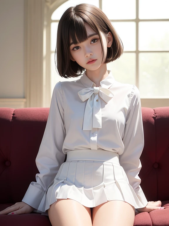 (masterpiece、Highest quality:1.7)、(:1.5)、((Bobcut))、Black Hair、85mm、16K、Official Art、RAW Photos、Best Beautiful Faces、Close-up、Violet、Gardenia、((The best beautiful girl、very cute、1 person))、Red blush on cheeks、indoor、(Sitting on the couch:1.8)、Film Grain、Chromatic Aberration、Sharp Focus、(((Nice hands、Perfect hands、Perfect Fingers、Thin and delicate fingers、A perfect body without flaws)))、Detailed face、(Slender body:1.5)、(Slender body:1.4)、(Petite body:1.4)、(Small breasts:1.9)、(Let your bangs hang down:1.8)、(Blushing:1.8)、(Low contrast lighting:1.2)、(White tight business blouse with collar:1.5)、(White bow tie blouse:1.3)、(Long sleeve: 1.3)、(White pleated mini skirt:1.5)、(White School Socks:1.5)、(Eyes closed:1.5),(thigh focus:1.7)