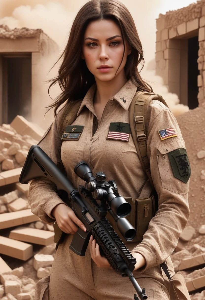 photorealistic、Realistic skin textures、A  photo of Dasha Taran, ohwx woman,A beautiful detailed figure of Dasha Taran belonging to the American military is aiming with a sniper rifle.、standing、On the rubble、brown dust smoke、Action poses with movement、Image from front top