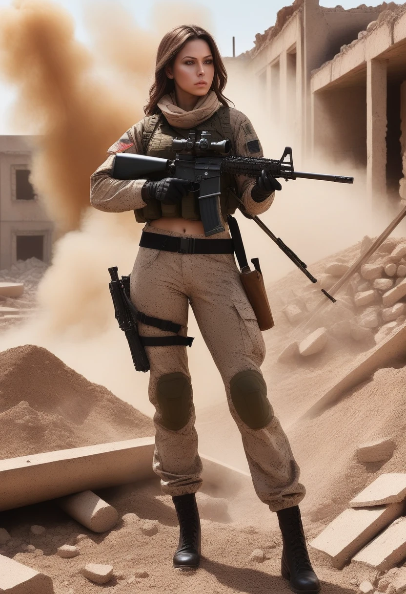 photorealistic、Realistic skin textures、A  photo of Dasha Taran, ohwx woman,A beautiful detailed figure of Dasha Taran belonging to the American military is aiming with a sniper rifle.、standing、On the rubble、brown dust smoke、Action poses with movement、Image from front top