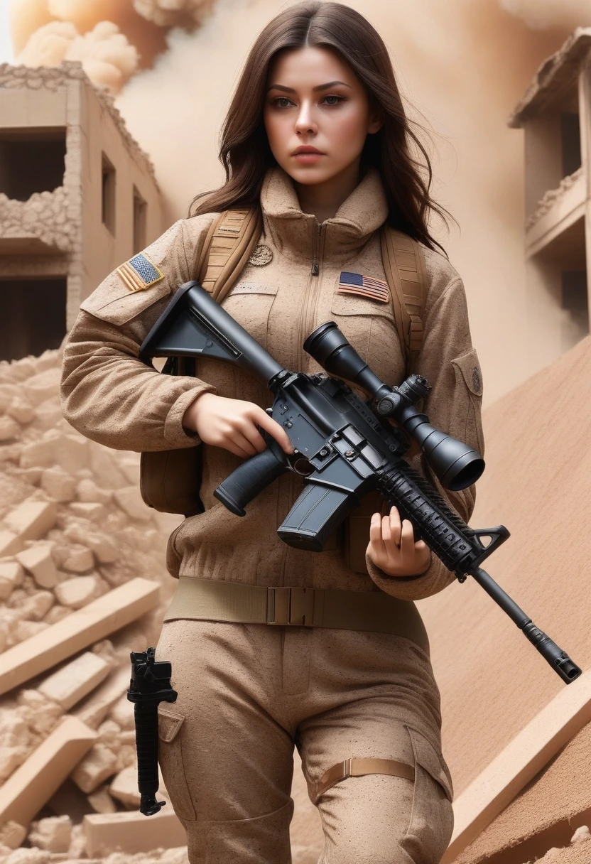 photorealistic、Realistic skin textures、A  photo of Dasha Taran, ohwx woman,A beautiful detailed figure of Dasha Taran belonging to the American military is aiming with a sniper rifle.、standing、On the rubble、brown dust smoke、Action poses with movement、Image from front top