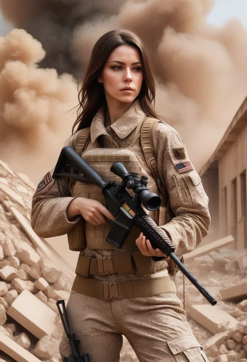 photorealistic、Realistic skin textures、A  photo of Dasha Taran, ohwx woman,A beautiful detailed figure of Dasha Taran belonging to the American military is aiming with a sniper rifle.、standing、On the rubble、brown dust smoke、Action poses with movement、Image from front top