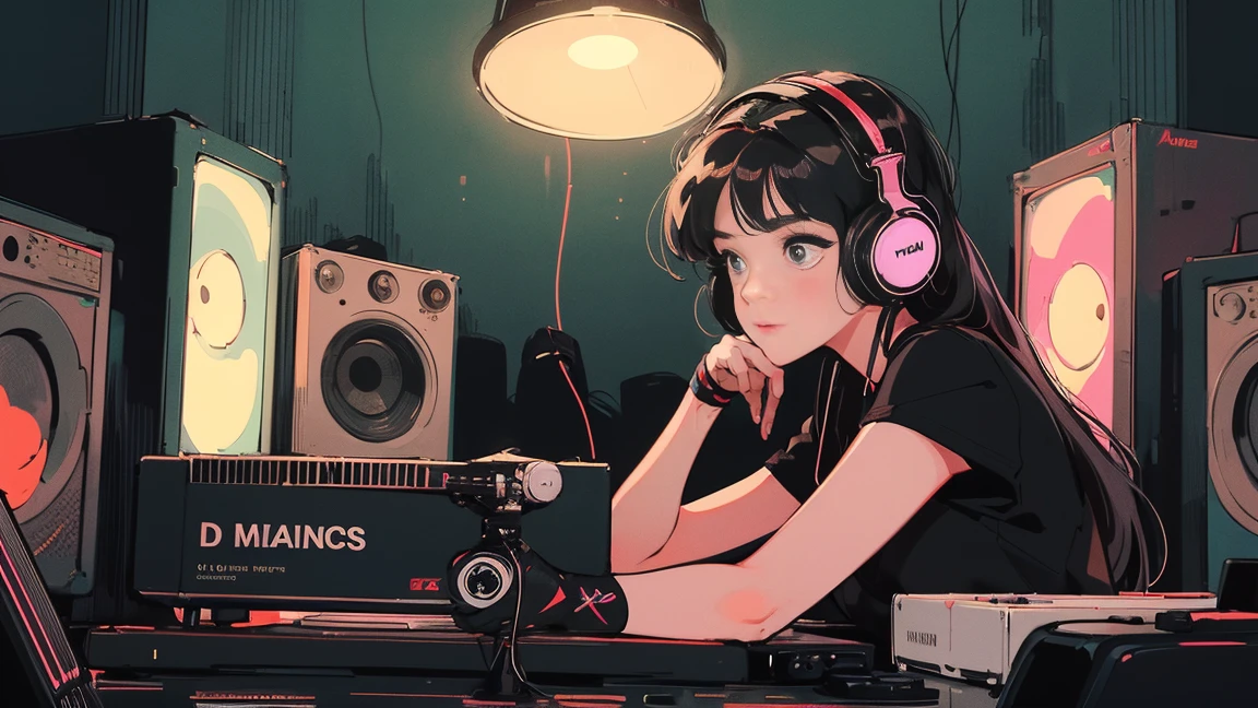 DJ girl in hip-hop fashion wearing cool DJ headphones,Front view , Two large LED-illuminated speakers on each side, Immerse yourself in a neon-lit environment, In front of her is a music mixer and a turntable.、A record is placed on the turntable,ターンテーブルはTechnics SL-1200MK7,