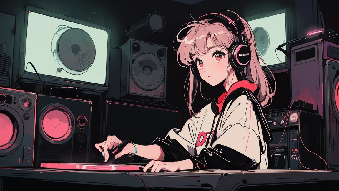 DJ girl in hip-hop fashion wearing cool DJ headphones,Front view , Two large LED-illuminated speakers on each side, Immerse yourself in a neon-lit environment, In front of her is a music mixer and a turntable.、A record is placed on the turntable,ターンテーブルはTechnics SL-1200MK7,