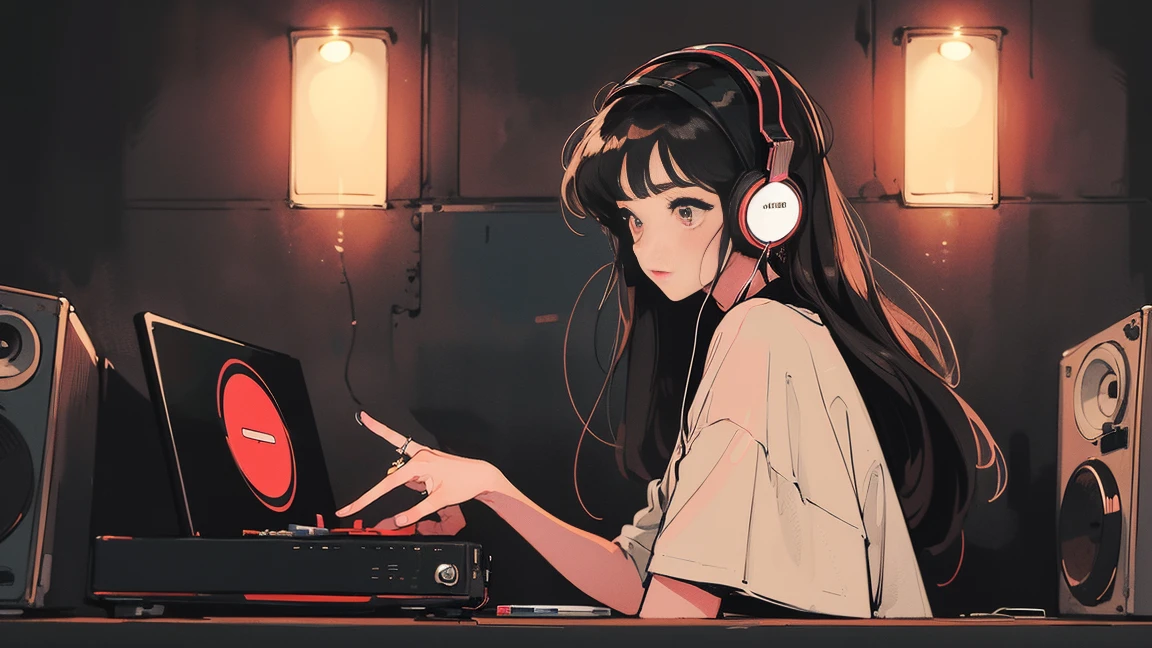 DJ girl in hip-hop fashion wearing cool DJ headphones,Front view , Two large LED-illuminated speakers on each side, Immerse yourself in a neon-lit environment, In front of her is a music mixer and a turntable.、A record is placed on the turntable,ターンテーブルはTechnics SL-1200MK7,