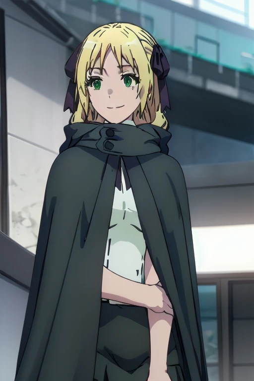 Solo, 1girl, esther rosenthal, smile, long hair, blonde hair, (green eyes:1.5), mole, mole under eye, black ribbon, black bow, hair ribbon, skirt, black cloak, cape, best quality, city