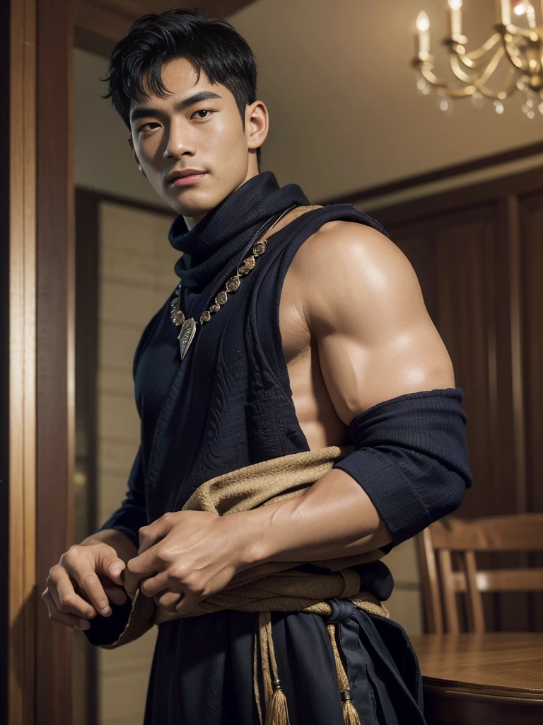 Highest quality、Masterpiece、超high resolution、(realistically:1.4)、detailed face、single、1male human、upper body、dark hair、Glowing skin、Dense skin、(asian man)、architecture、(nonsense、high resolution、very detailed)、、1 man、adult、(25 year old male)、handsome、tall muscular man、Broad shoulders、I have very short hair.、angular jaw、Thick neck、Thick eyebrows、I have very short hair.、มีdark hair、ดวงตาที่ละเอียดและdetailed face、 Highly detailed CG Unity 8k wallpaper.、complex-detail、(magic swirl style:0.7)、looking at the audience、single、(Whole Esbian:0.6)、Detailed background、detailed face、Dynamic Post、、dynamic elements、 big muscles、、((((Embossed))))、handsome、 ((table top:1.4, best quality)), ((table top, best quality)), (ถ่ายภาพrealistic:1.4)、(((shaman)))、smile, Surfing sport,、รอยsmile、The sky is clear and cloudy.、(A complex blue long-sleeved conjuration outfit.), scarf, The outfit reveals too much of the shirt and thighs., Fantasy Library Background:1.2), realistic、Cana、magic circle