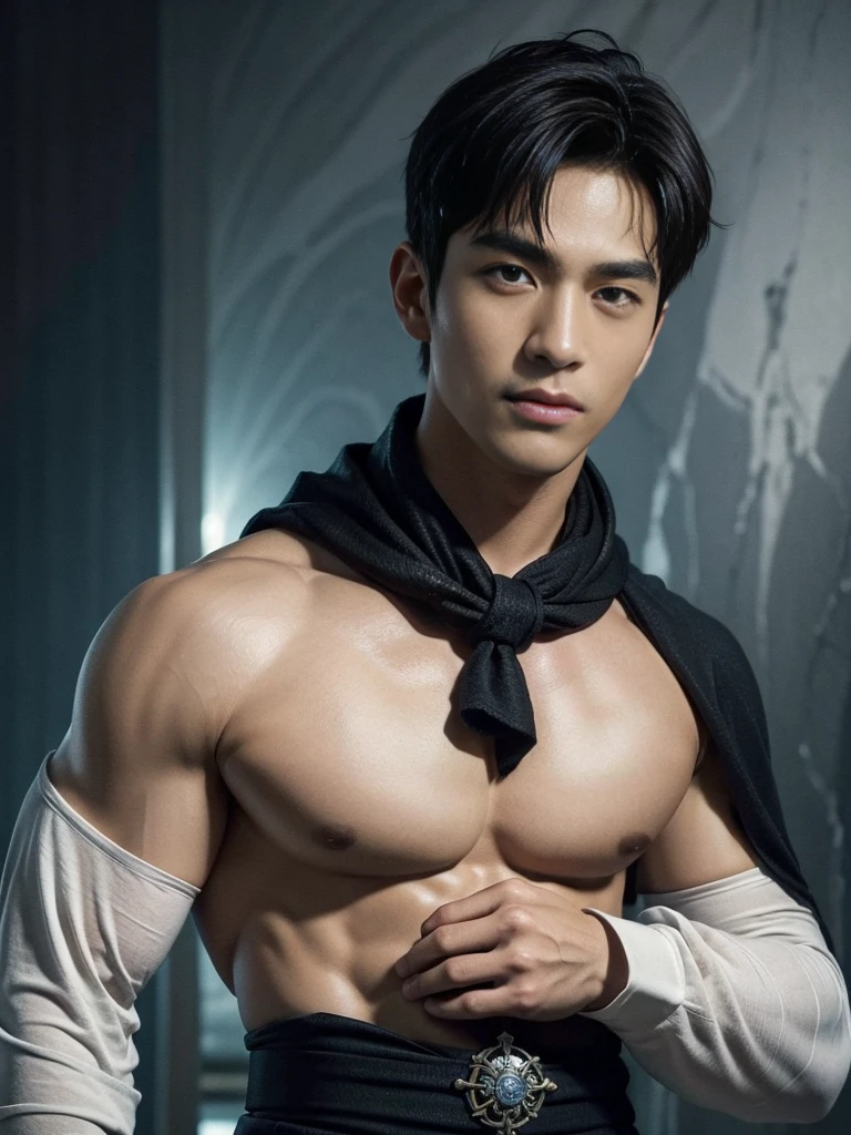 Highest quality、Masterpiece、超high resolution、(realistically:1.4)、detailed face、single、1male human、upper body、dark hair、Glowing skin、Dense skin、(asian man)、architecture、(nonsense、high resolution、very detailed)、、1 man、adult、(25 year old male)、handsome、tall muscular man、Broad shoulders、I have very short hair.、angular jaw、Thick neck、Thick eyebrows、I have very short hair.、มีdark hair、ดวงตาที่ละเอียดและdetailed face、 Highly detailed CG Unity 8k wallpaper.、complex-detail、(magic swirl style:0.7)、looking at the audience、single、(Whole Esbian:0.6)、Detailed background、detailed face、Dynamic Post、、dynamic elements、 big muscles、、((((Embossed))))、handsome、 ((table top:1.4, best quality)), ((table top, best quality)), (ถ่ายภาพrealistic:1.4)、(((shaman)))、smile, Surfing sport,、รอยsmile、The sky is clear and cloudy.、(A complex blue long-sleeved conjuration outfit.), scarf, The outfit reveals too much of the shirt and thighs., Fantasy Library Background:1.2), realistic、Cana、magic circle