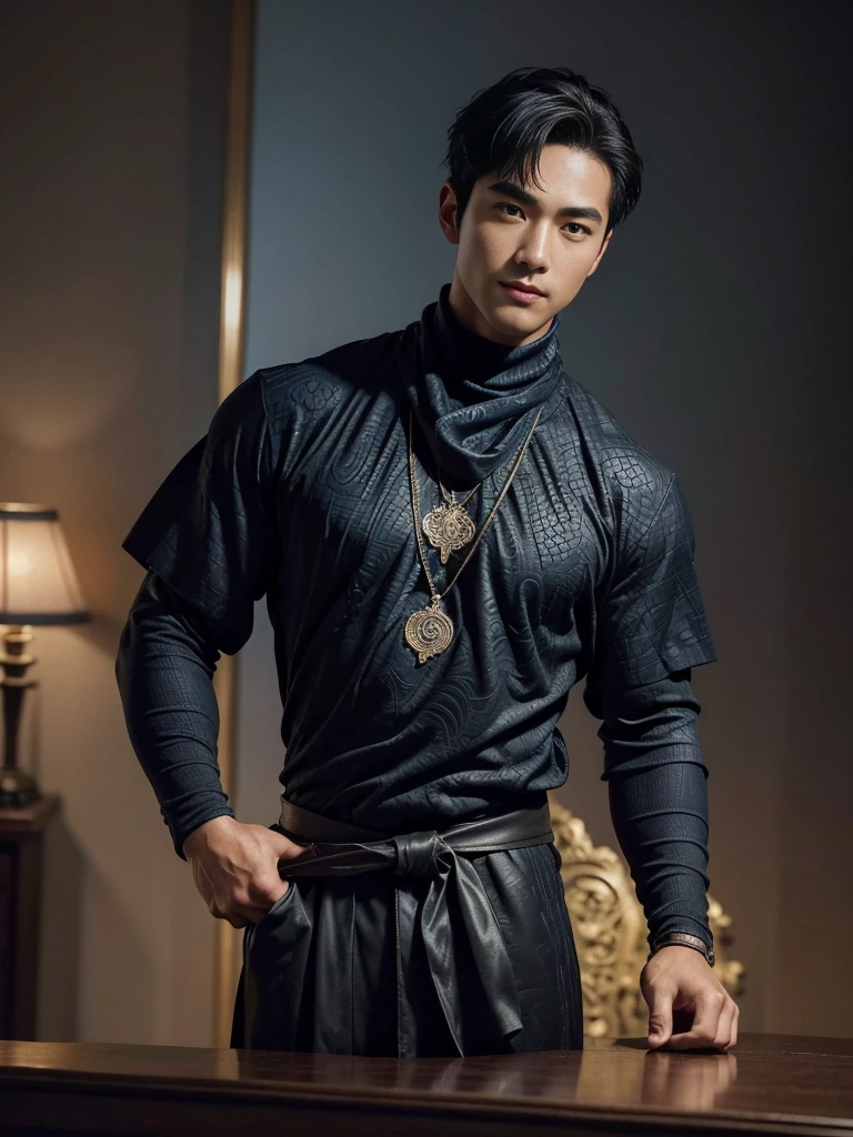 Highest quality、Masterpiece、超high resolution、(realistically:1.4)、detailed face、single、1male human、upper body、dark hair、Glowing skin、Dense skin、(asian man)、architecture、(nonsense、high resolution、very detailed)、、1 man、adult、(25 year old male)、handsome、tall muscular man、Broad shoulders、I have very short hair.、angular jaw、Thick neck、Thick eyebrows、I have very short hair.、มีdark hair、ดวงตาที่ละเอียดและdetailed face、 Highly detailed CG Unity 8k wallpaper.、complex-detail、(magic swirl style:0.7)、looking at the audience、single、(Whole Esbian:0.6)、Detailed background、detailed face、Dynamic Post、、dynamic elements、 big muscles、、((((Embossed))))、handsome、 ((table top:1.4, best quality)), ((table top, best quality)), (ถ่ายภาพrealistic:1.4)、(((shaman)))、smile, Surfing sport,、รอยsmile、The sky is clear and cloudy.、(A complex blue long-sleeved conjuration outfit.), scarf, The outfit reveals too much of the shirt and thighs., Fantasy Library Background:1.2), realistic、Cana、magic circle