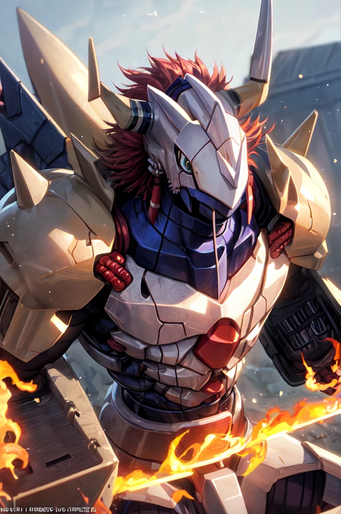 Masterpieces,official art,anthro,male,(wargreymon:1.2),Delicate face,Delicate eyes,helmet, armor, horn, digimon, upper body, depth of field, perfect lighting, light particles,(best quality),(masterpiece),(ultra detailed),sharp focus,light particles shining body in flames