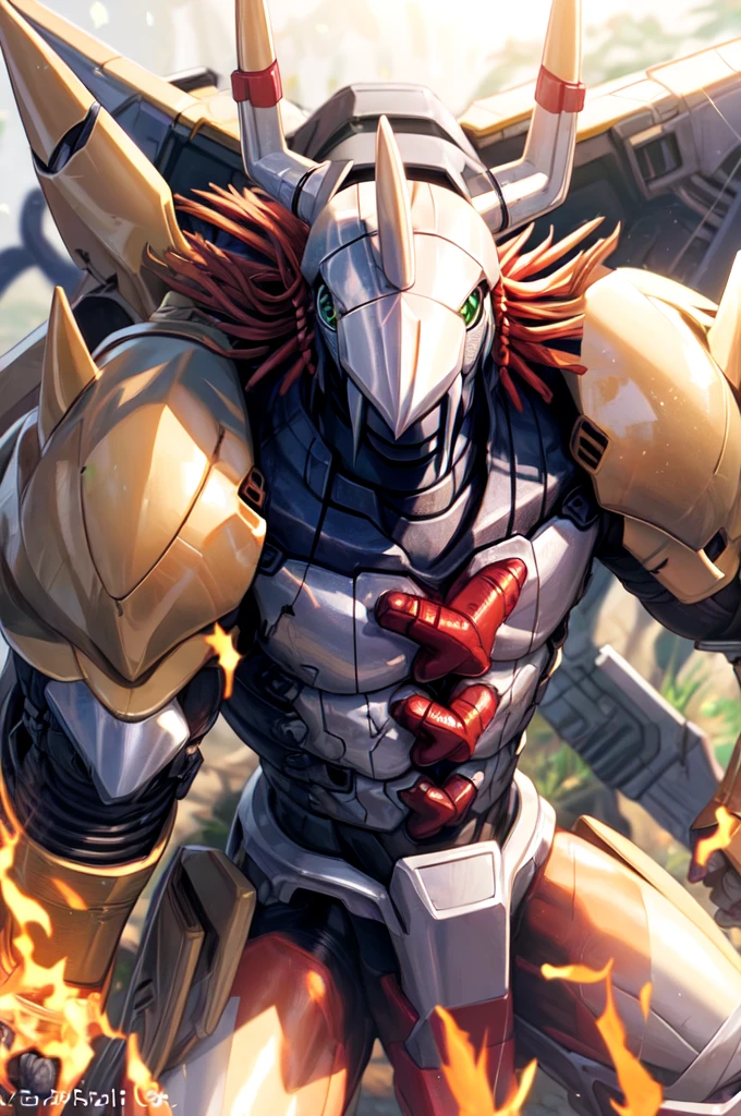 Masterpieces,official art,anthro,male,(wargreymon:1.2),Delicate face,Delicate eyes,helmet, armor, horn, digimon, upper body, depth of field, perfect lighting, light particles,(best quality),(masterpiece),(ultra detailed),sharp focus,light particles shining body in flames