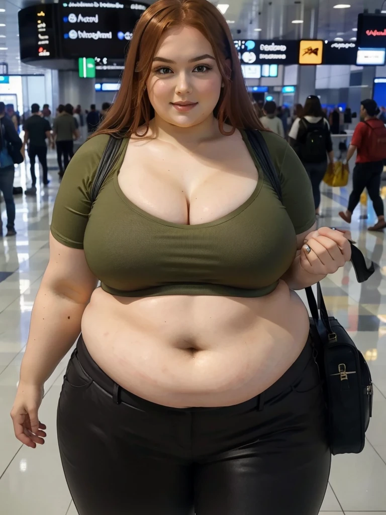 A plane passenger detailed photo of a Beautiful ginger SSBBW, with long wavy ginger hair, with big soft fat belly, thicc fat arms, thicc wide legs, big breast, in a cute green top tucked in her pants, and black pants, in an airport waiting for the plane, with only one big shoulder bag on her shoulder