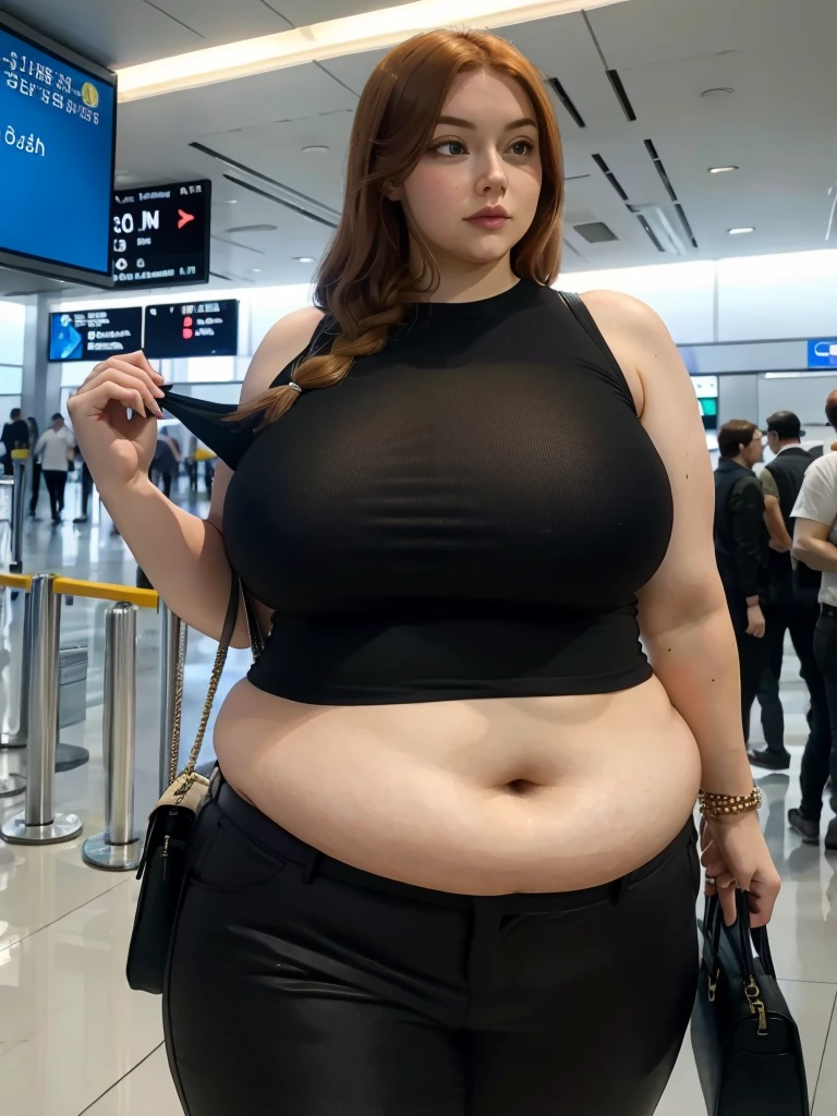 A plane passenger detailed photo of a Beautiful ginger SSBBW, with long wavy ginger hair, with big soft fat belly, thicc fat arms, thicc wide legs, big breast, in a cute green top tucked in her pants, and black pants, in an airport waiting for the plane, with only one big shoulder bag on her shoulder