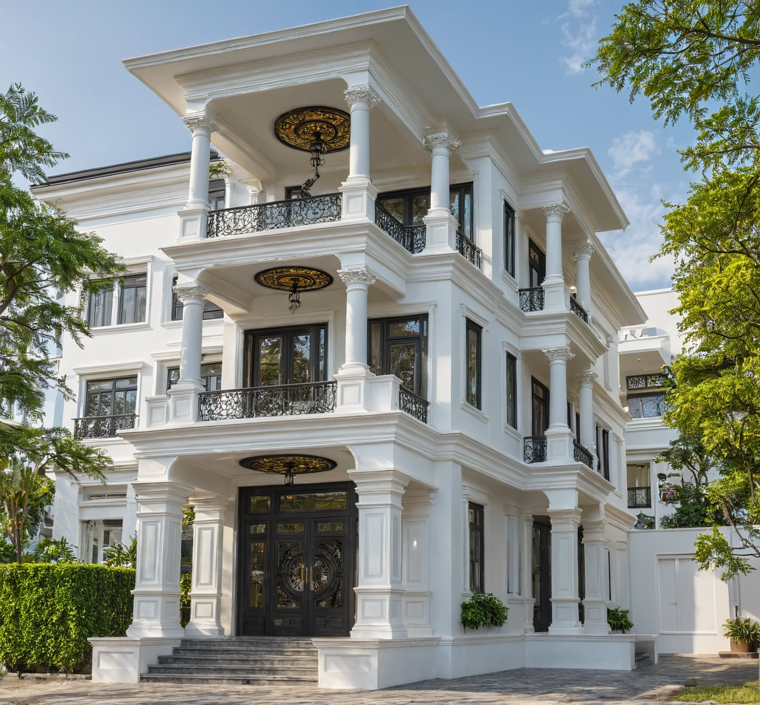 neo classical villa on street, (daylight), tropical tree, vivid colour, streetcapes, white tone, white wall, large glass door, warm interior lighting, wood and marble, best quality, 20ArchiAI_XL_NeoTH-v2