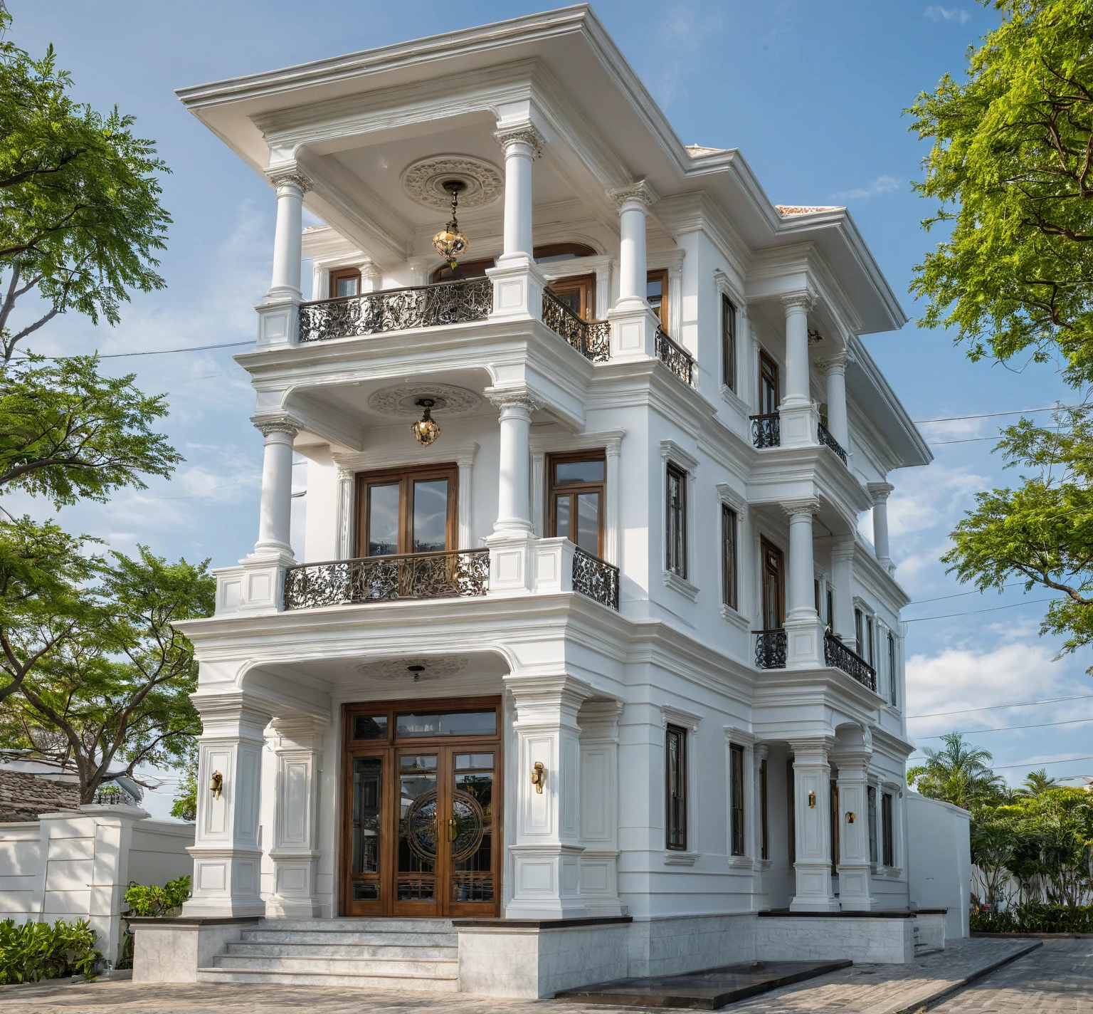 neo classical villa on street, (daylight), tropical tree, vivid colour, streetcapes, white tone, white wall, large glass door, warm interior lighting, wood and marble, best quality, 20ArchiAI_XL_NeoTH-v2