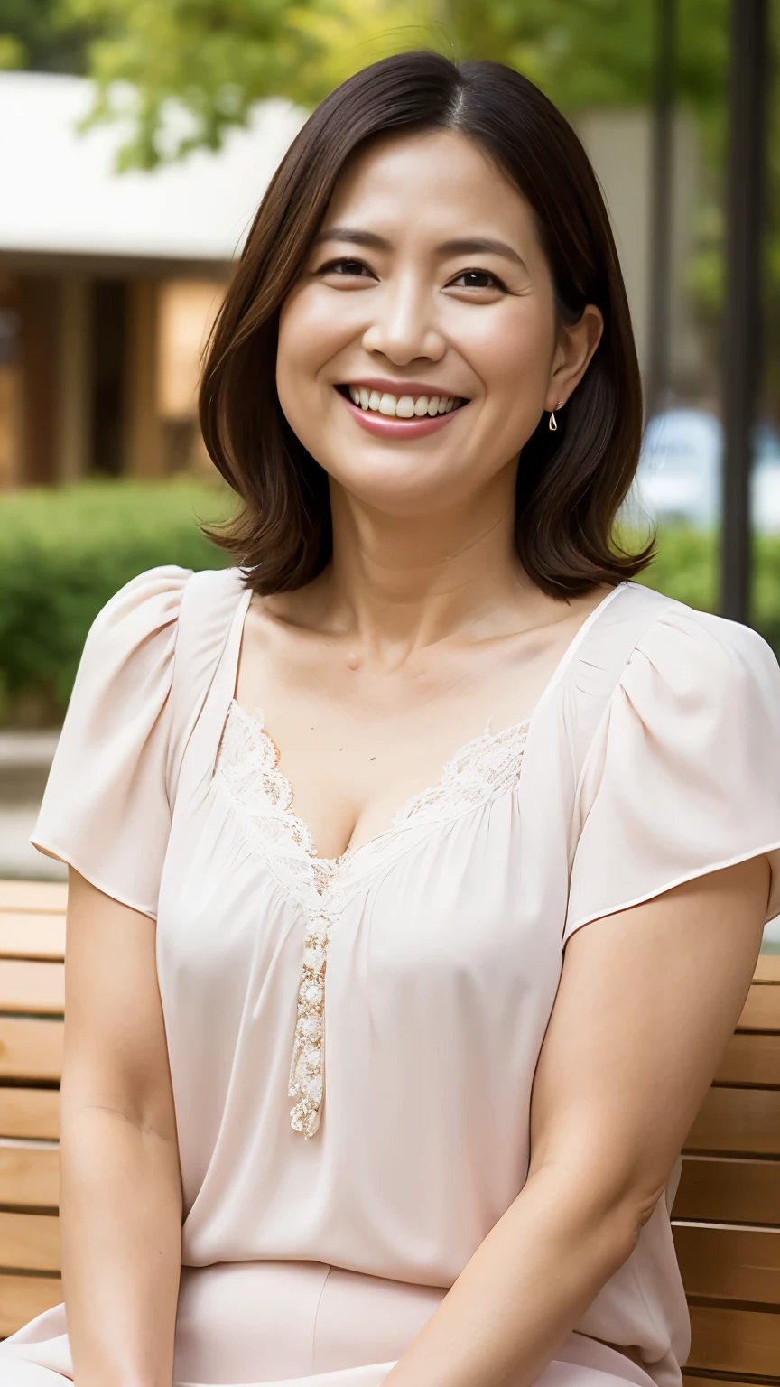 8k wallpaper, masterpiece, Highest quality, Super detailed, One Mature Woman, 50 years old, Become very clear, Wearing a short-sleeved blouse, Skin dents, Captivating smile, Looking at the audience, Cleavage, plump, Curvaceous, Fascinating face, Smiling with teeth showing, Wrinkles around the eyes, Sitting on a park bench, Background Blur
