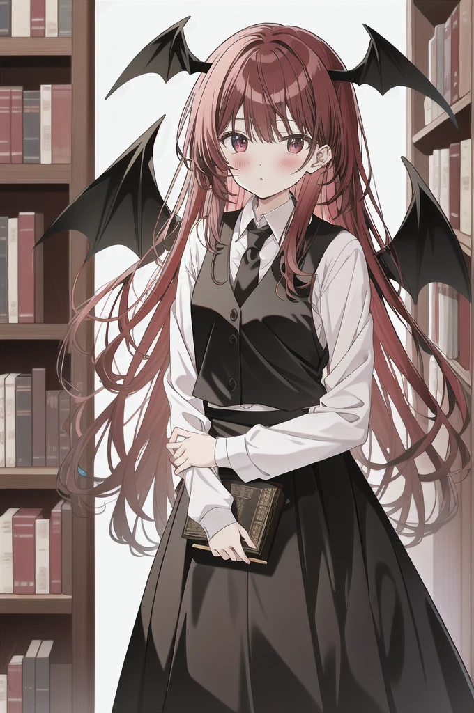 Koakuma, Alone, looking at viewer, Serious, holding book, bookshelf