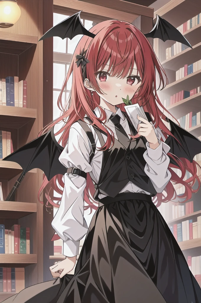 Koakuma, Alone, looking at viewer, Serious, holding book, bookshelf