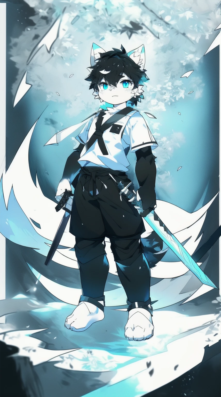 White Wolf，black hair，Sky blue eyes，hairy，Wolf ears，Wolf tail，Full body portrait，The character is in the center of the frame，Handsome，Confident eyes，male，juvenile，Black and white combat uniform，Red neck bib，Black shorts，Short sleeve，hairy arms and legs，Dark background，Dark battlefield，dawn，sunrise，dawn，illumination，shadow，Swordsman，Scabbard and sword，Hold the hilt of a sword in your hand，The scabbard is at the waist，Highest quality