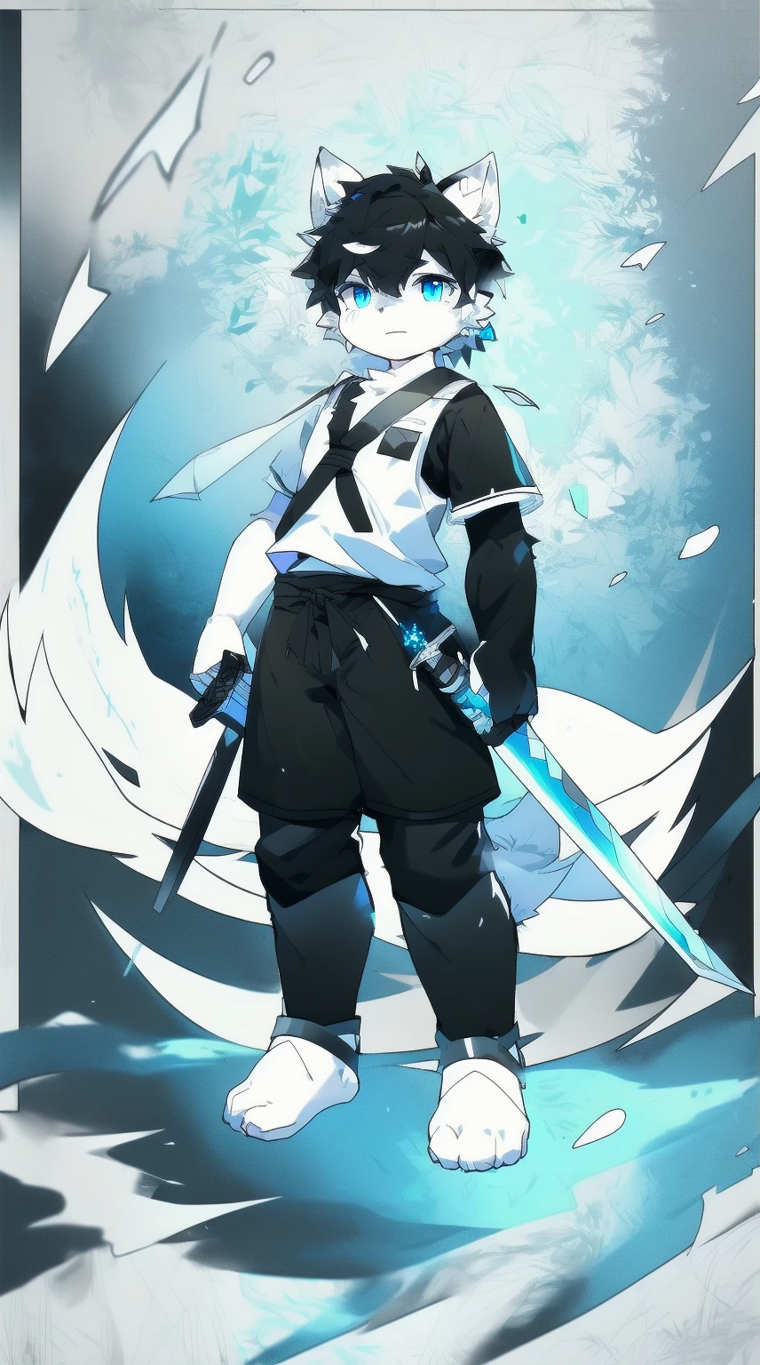 White Wolf,black hair,Sky blue eyes,hairy,Wolf ears,Wolf tail,Full body portrait,The character is in the center of the frame,Handsome,Confident eyes,male,juvenile,Black and white combat uniform,Red neck bib,Black shorts,Short sleeve,hairy arms and legs,Dark background,Dark battlefield,dawn,sunrise,dawn,illumination,shadow,Swordsman,Scabbard and sword,Hold the hilt of a sword in your hand,The scabbard is at the waist,Highest quality
