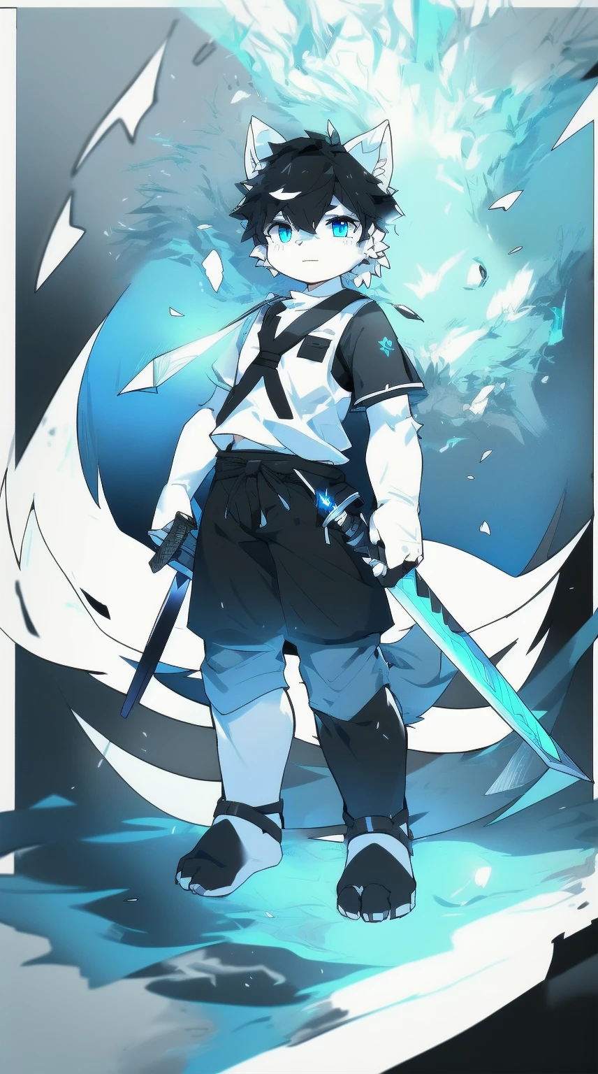 White Wolf，black hair，Sky blue eyes，hairy，Wolf ears，Wolf tail，Full body portrait，The character is in the center of the frame，Handsome，Confident eyes，male，juvenile，Black and white combat uniform，Red neck bib，Black shorts，Short sleeve，hairy arms and legs，Dark background，Dark battlefield，dawn，sunrise，dawn，illumination，shadow，Swordsman，Scabbard and sword，Hold the hilt of a sword in your hand，The scabbard is at the waist，Highest quality