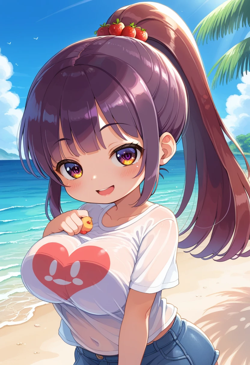 score_9,score_7_up, score_6_up, 1girl, source_cartoon, source_anime,breathtalking Scenery,watercolor,smooth soft skin, natural skin,watercolor, anime screencap,mjm,brs
BREAK
(:1.9),(little female child:1.9),(oppai loli), (large breasts:1.3),(disproportionate breasts:1.5),(loli tod:1.4),(mini girl:1.3),(4 yo:1.3),(Toddler body:1.4),(muffin top:0.8),(preschooler:1.1),(infant:1.1),(baby face),round face,
BREAK
high ponytail,(reddish purple hair:1.7),highlight on eyes,(purple eyes:1.1),diagonal bangs,(smug face:1.2),doyagao,open mouth, ultra cute face,kawaii,skindantation,oily skin, beautiful eyes, detailed eyes,happy,puffy eyes, smile,
BREAK
(transparent thin over-sized extra long:1.2) t-shirt, short sleeves, (shadows of body:1.5),background under (transparent thin:1.2) over-sized extra big shirt,back light,(bikini:0.9),
BREAK
dynamicpose,sea,wave,island,tropical,dynamicangle,breathtalking background, outdoors,pastelcolor,