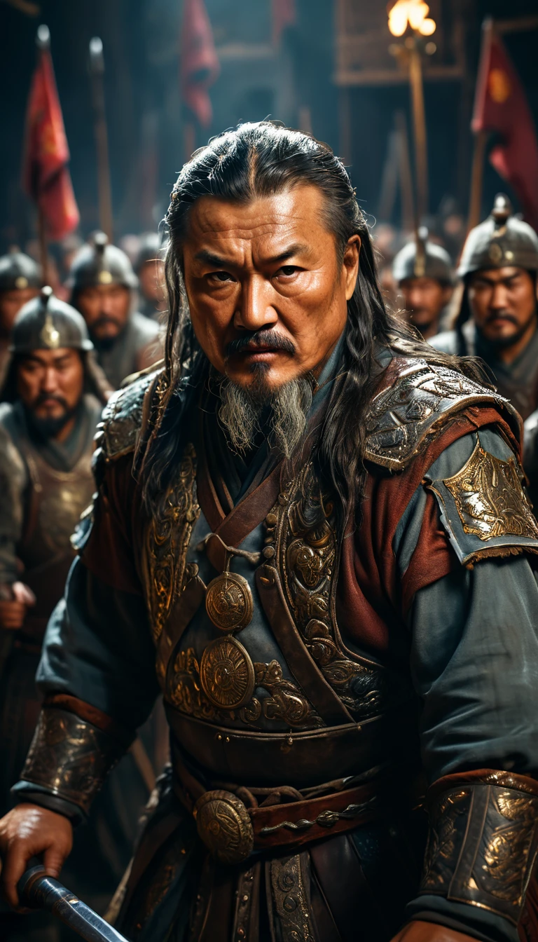 Genghis Khan leading his troops in his later years, showing his enduring strength and leadership, background dark gold, hyper realistic, ultra detailed hyper realistic, photorealistic, Studio Lighting, reflections, dynamic pose, Cinematic, Color Grading, Photography, Shot on 50mm lens, Ultra-Wide Angle, Depth of Field, hyper-detailed, beautifully color, 8k