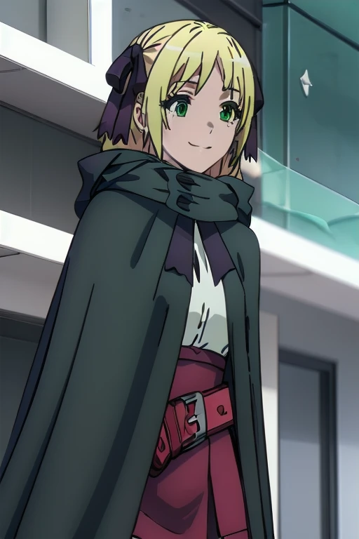 Solo, 1girl, esther rosenthal, smile, long hair, blonde hair, (green eyes:1.5), mole, mole under eye, black ribbon, black bow, hair ribbon, skirt, hooded black cloak, cape, best quality, city