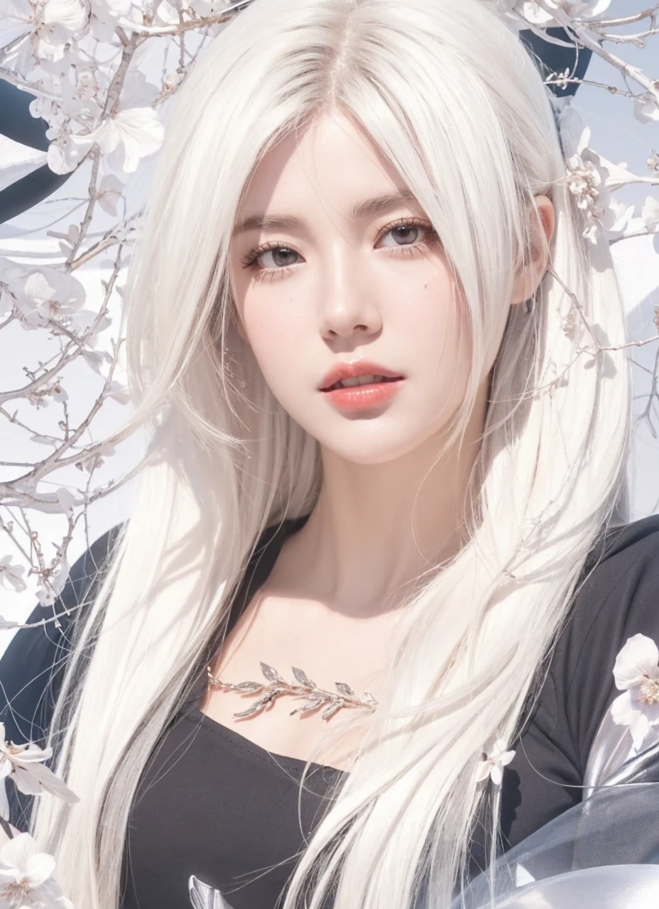 A stunningly lifelike portrait captures a 32-year-old girl with light shiny purple eyes and beautiful European features. girl have shiny, healthy and volumous white hair. Dangerous, sexy, 