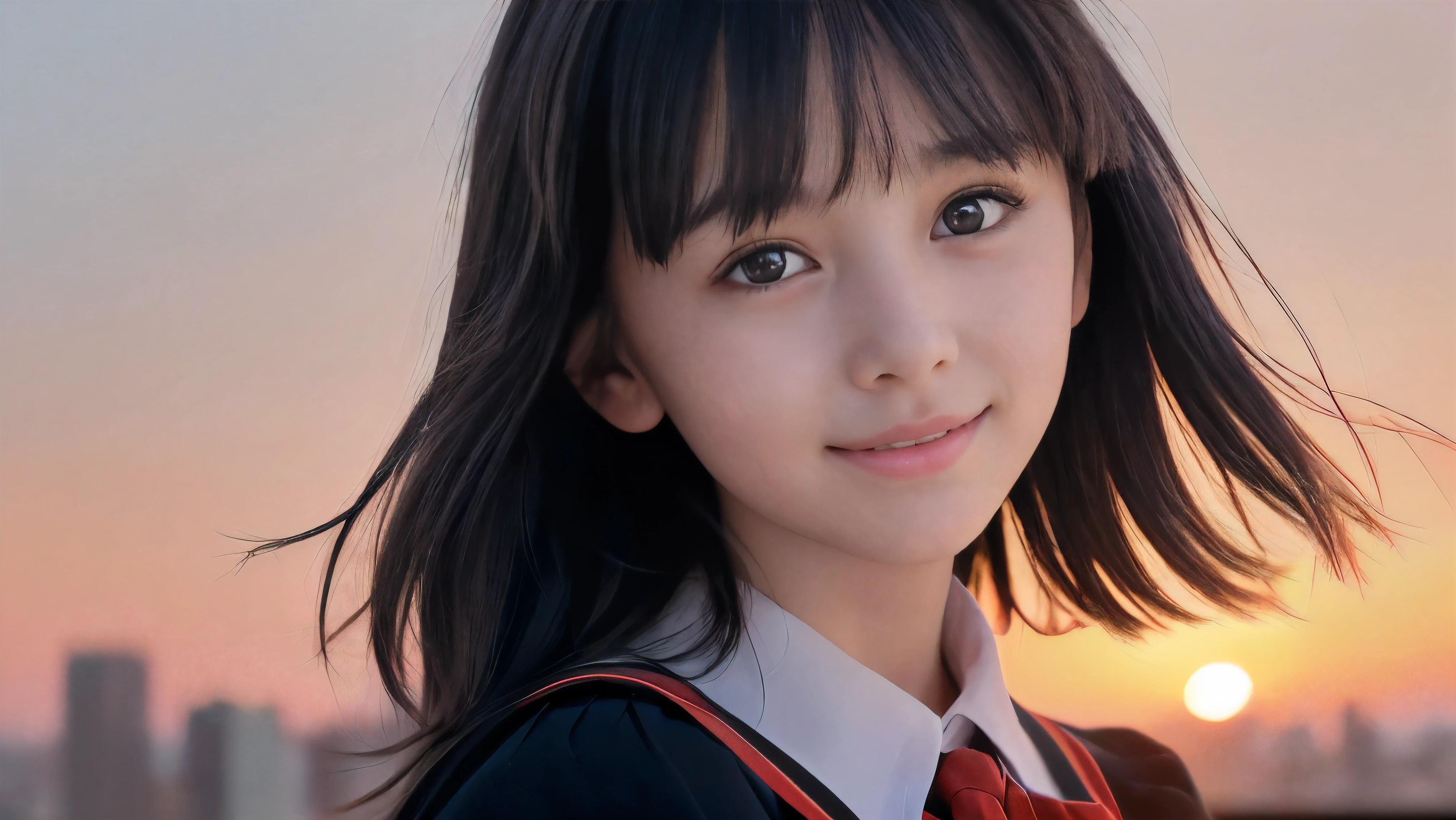 (Close up face shot of one slender small breasts two side up black medium hair bangs girl with crying little smile face in long sleeves black school uniform:1.5)、(One girl is turn around at sunset red sky with her face is reflected sunset light and her hair is blowing in long sleeves black school uniform:1.5)、(Beautiful red sunset sky at skyscraper city landscape:1.5)、(Natural lighting:1.5)、(8k ultra detailed master piece:1.5)、(perfect anatomy:1.5)、(Photorealistic stick:1.5)、(Raw photo:1.3)、(highest quality:1.5)、(High resolution:1.3)、(Delicate and beautiful perfect face:1.3)、(Delicate and beautiful eye air skin:1.3)、(Real Human Skin:1.3)、((thin legs))