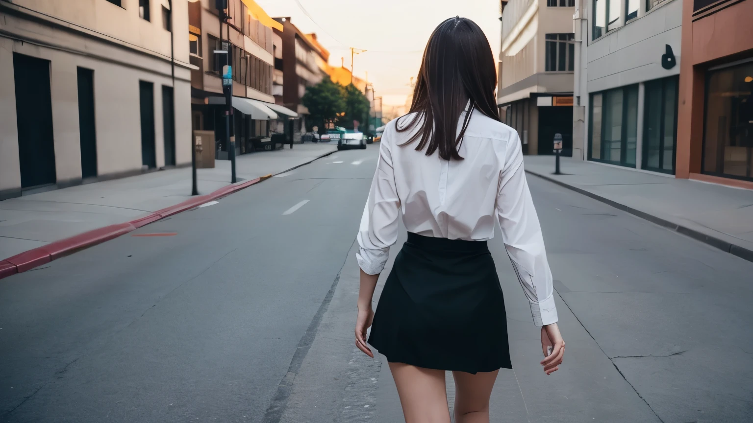 (best quality, masterpiece, ultra detailed, ultra high res, photorealistic, raw photo, absurdres, absolutely resolution), warm colors, office Street, 1 girl, white shirt, black tight skirt, from behind, long shot, wide shot, walking towards the other side, photographed from a distance