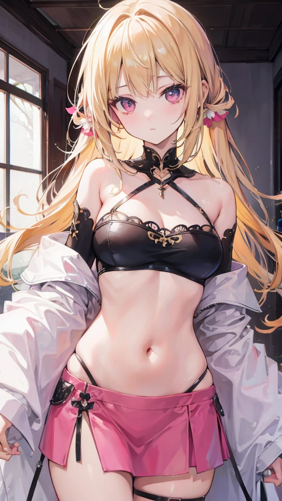 blond hair, pink eyes, Off-shoulder top that shows the chest, navel, big bust