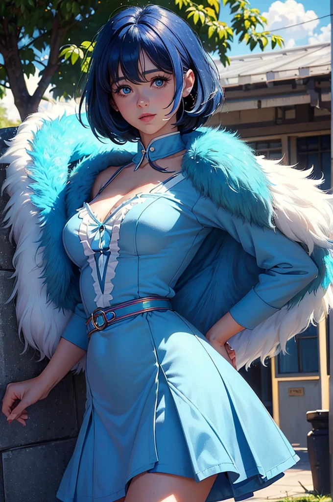 (((Masterpiece ,Best Quality, Highest quality realistic retro anime...))),(((Style Zooey Deschanel))), blue dress, top wo nerae!, 1 girl, alone, ((hyper realistic long blue fur)), looking at the viewer, SMILE, Hits,White shirt ,((very detailed and realistic light blue eyes)), Closed mouth, (((Masterpiece ,Best Quality, Highest quality realistic retro anime...))),(((Style miriya sterling ))), blue dress, top wo nerae!, 1 girl, alone, ((hyper realistic long blue fur)), looking at the viewer, SMILE, Hits,highly detailed light blue eyes shirt, Closed mouth, blue fur, exterior, sky, day, cloud, tree, blue sky, lips, separate blows, eyelashes, make up, light SMILE, lipstick, portrait, close up, ((retro Best Quality, hyper realistic highest quality artStyleo)), 1980s  ,fine blue hair with very real details))exterior, sky, day, cloud, tree, blue sky, lips, separate blows, eyelashes, make up, light SMILE, lipstick, portrait, close up, ((retro Best Quality, hyper realistic highest quality artStyleo)), 1980s (Style