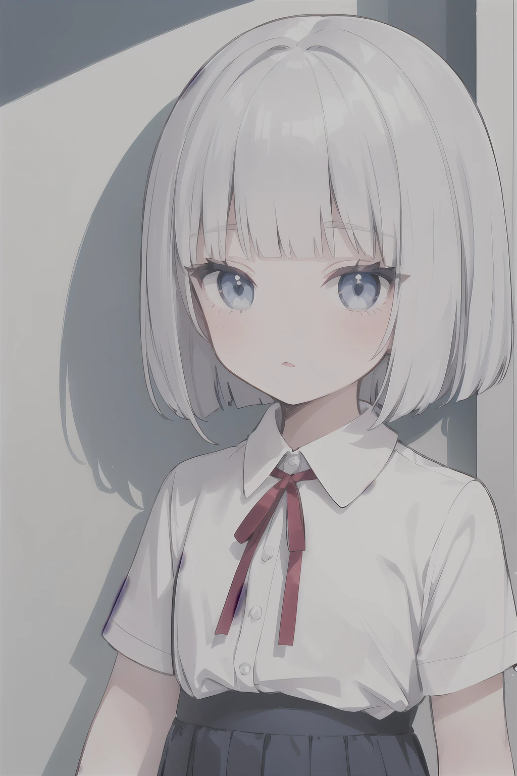 (best quality:1.2),(Solitary:1.3),(1 Girl:1.3),permanent,(Bob Cut:1.2),(Silver hair),(Red ribbon on the side of the hair),(Side lock:1.0),(Eyes blue eyes:1.2),Pleated Flared Lace Sheer Shirt.