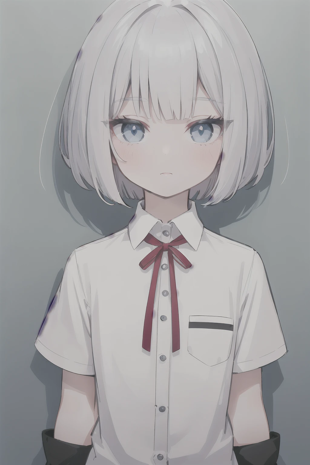 (best quality:1.2),(Solitary:1.3),(1 Girl:1.3),permanent,(Bob Cut:1.2),(Silver hair),(Red ribbon on the side of the hair),(Side lock:1.0),(Eyes blue eyes:1.2),Pleated Flared Lace Sheer Shirt.