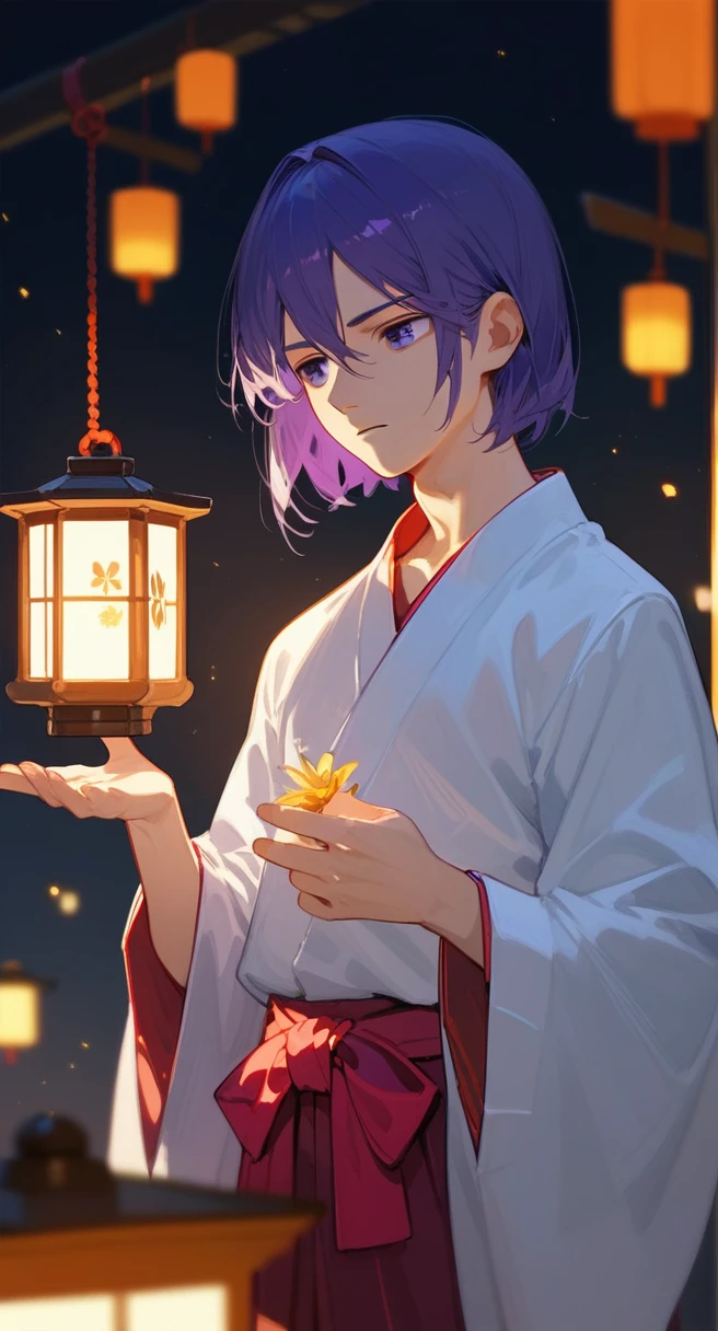 1boy, purple hair, pretty face, flower, hakama, try to hide the sadness, lantern