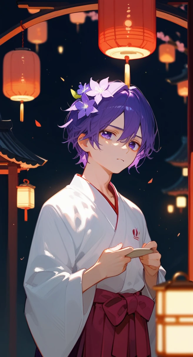 1boy, purple hair, pretty face, flower, hakama, try to hide the sadness, lantern