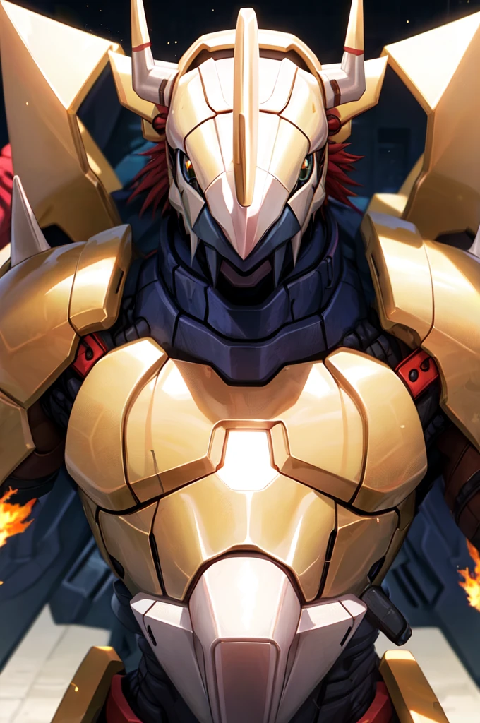 Masterpieces,official art,anthro,male,(wargreymon:1.2),Delicate face,Delicate eyes,helmet, armor, horn, digimon, upper body, depth of field, perfect lighting, light particles,(best quality),(masterpiece),(ultra detailed),sharp focus,light particles shining body in flames