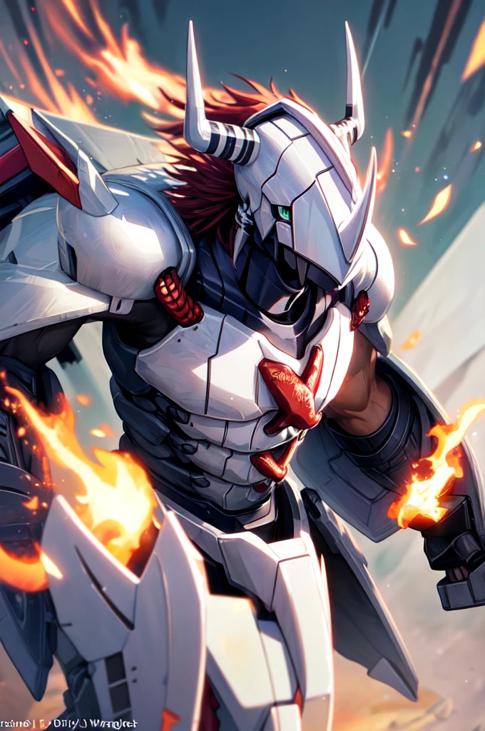Masterpieces,official art,anthro,male,(wargreymon:1.2),Delicate face,Delicate eyes,helmet, armor, horn, digimon, upper body, depth of field, perfect lighting, light particles,(best quality),(masterpiece),(ultra detailed),sharp focus,light particles shining body in flames