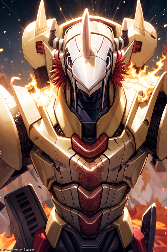 Masterpieces,official art,anthro,male,(wargreymon:1.2),Delicate face,Delicate eyes,helmet, armor, horn, digimon, upper body, depth of field, perfect lighting, light particles,(best quality),(masterpiece),(ultra detailed),sharp focus,light particles shining body in flames
